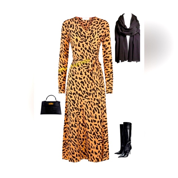 $428 DIANE VON FURSTENBERG TILLY LEOPARD BELMONT CAMEL SILK WRAP MIDI DRESS 2 - Picture 3 of 7
